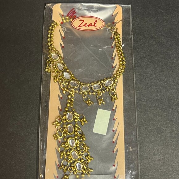 Zeal Gold Tone White Gem Rhinestone Tassel Bracelet + Adjustable Ring Jewelry - Picture 2 of 4